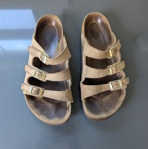 Birkenstock‎ Florida Leather 3 Strap Slide Sandal 39 Tan